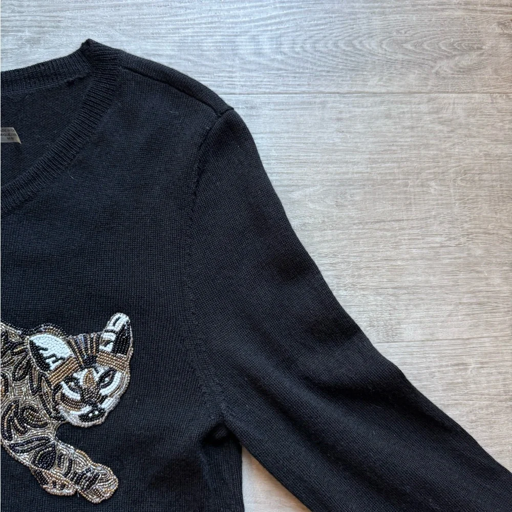 Alice + Olivia Bethela Cat Beaded Embroidered 100% Wool Black Sweater Size M - Picture 7 of 9